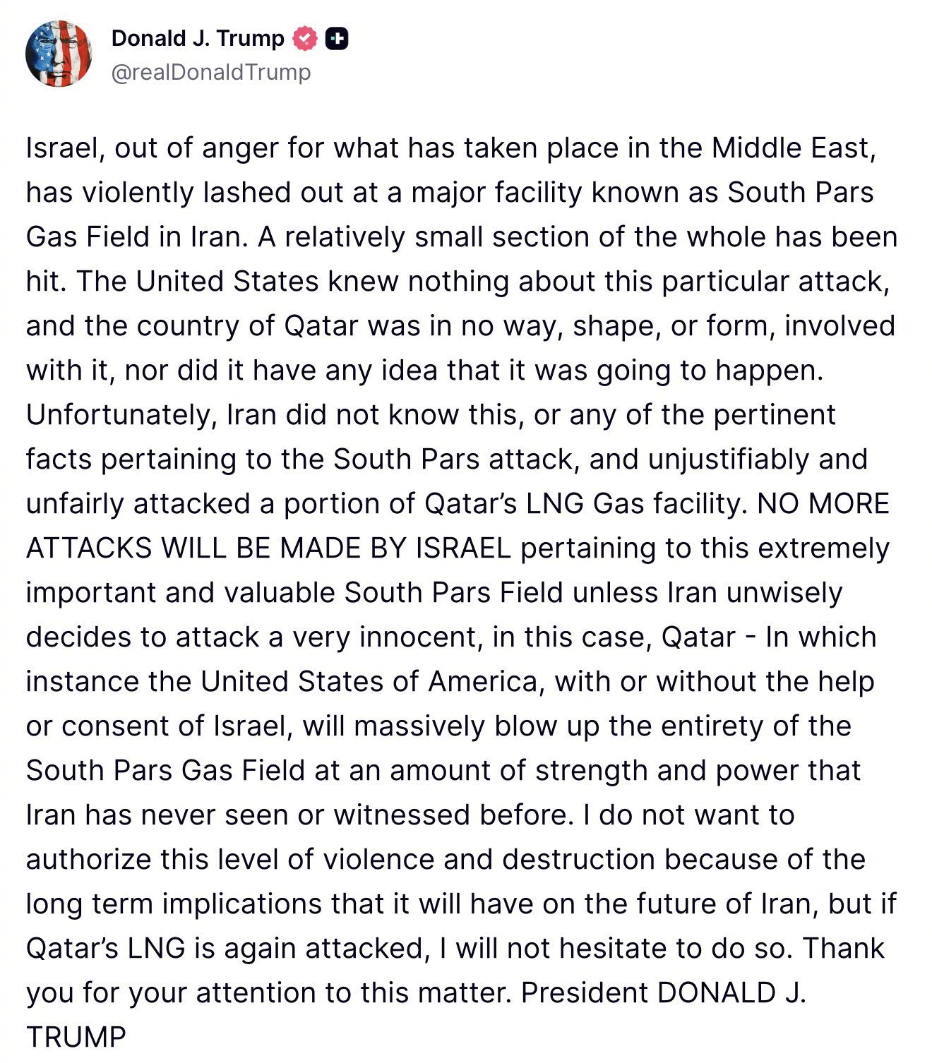 【特朗普：美国和卡塔尔对以色列袭击伊朗气田毫不知情】特朗普发文称，出于对中东地区