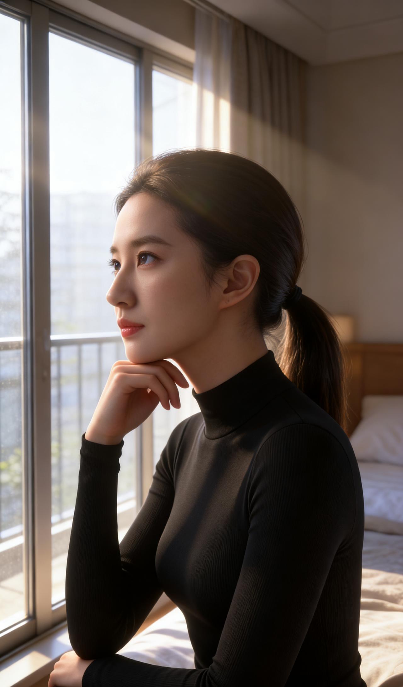 午后的阳光漫过窗沿，在她黑色的高领毛衣上落下温柔的光影。她支着下巴望向窗外，远处