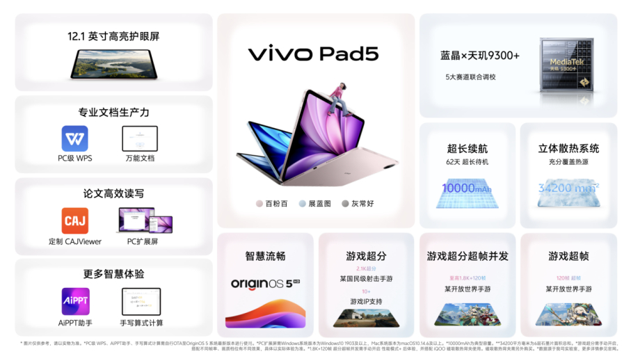 vivo Pad5搭载蓝晶 × 天玑 9300+，一体化轻薄金属机身仅重590g