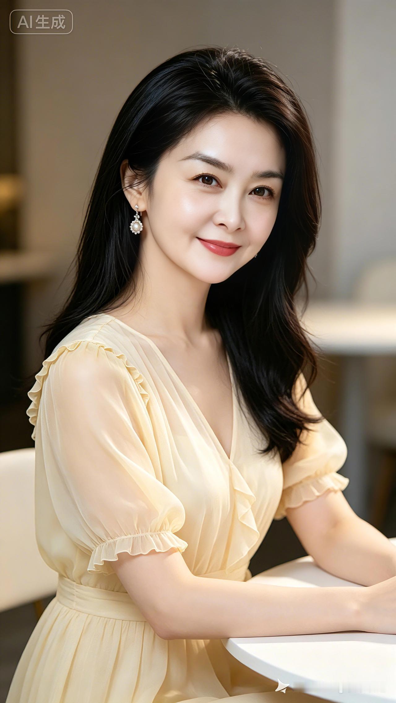 淡黄雅韵
乌黑长发顺垂肩，
浅黄裙衫漾柔光。
珍珠耳坠耳畔轻晃，
浅笑嫣然暖人心