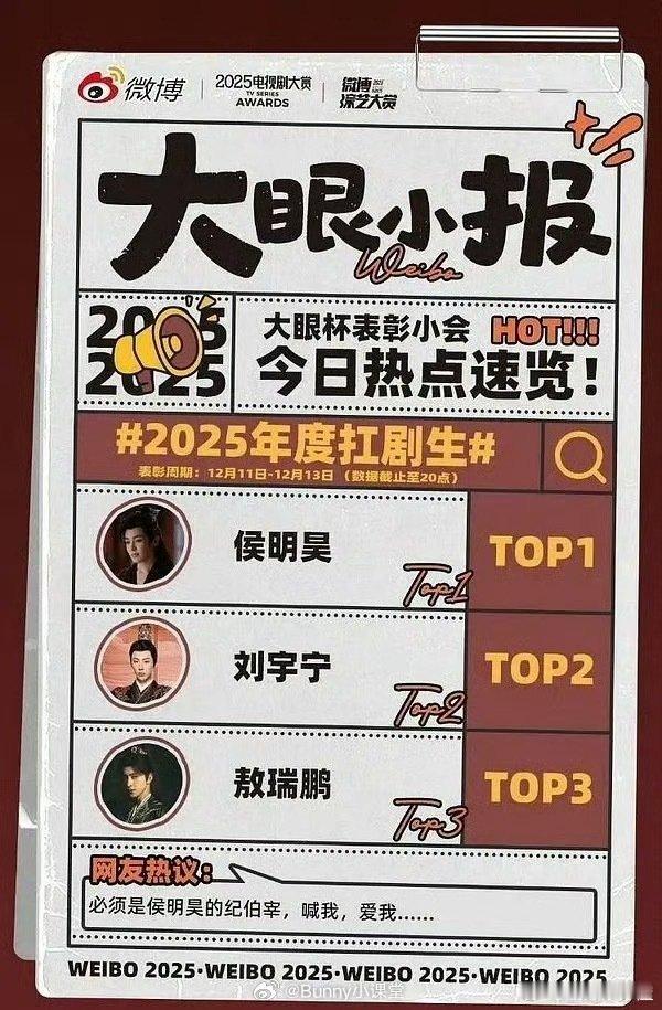 微博认证2025年度扛剧生：侯明昊、刘宇宁、敖瑞鹏2025年度扛剧花：白鹿、杨紫