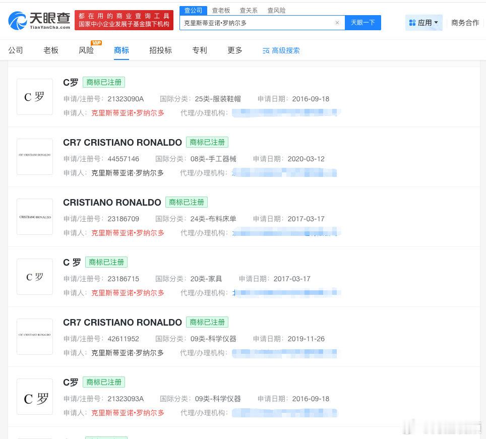【C罗已注册多枚姓名相关商标】C罗多枚姓名相关商标已成功注册近日，C罗因坚持“成