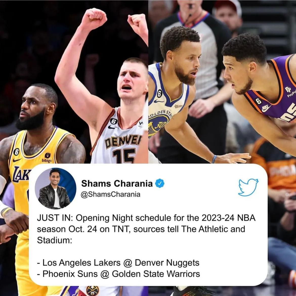 好消息来啦！据Shams报道，23-24赛季NBA揭幕战将在美国时间10月24日