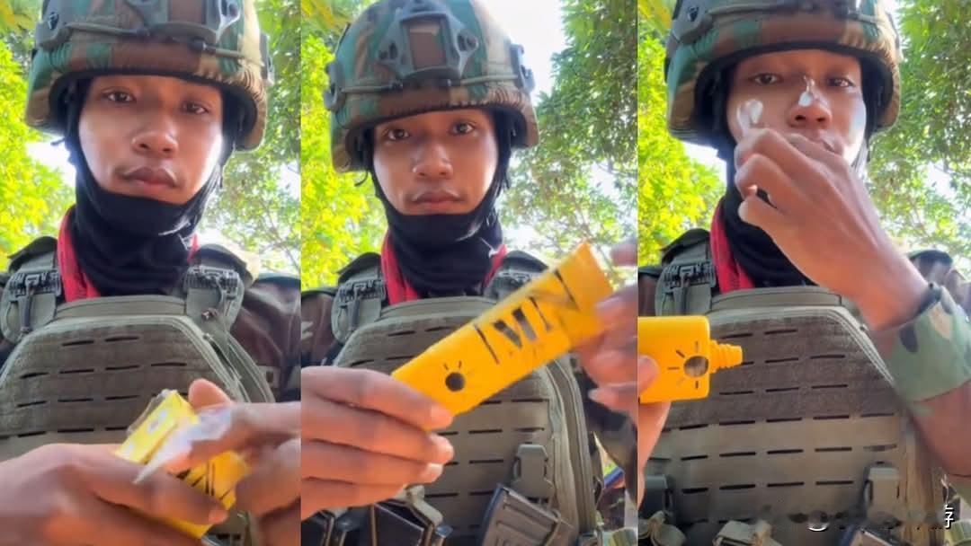 泰国和柬埔寨的战事持续，一名柬埔寨士兵在战乱中突然开直播卖货，对着镜头试用一款防