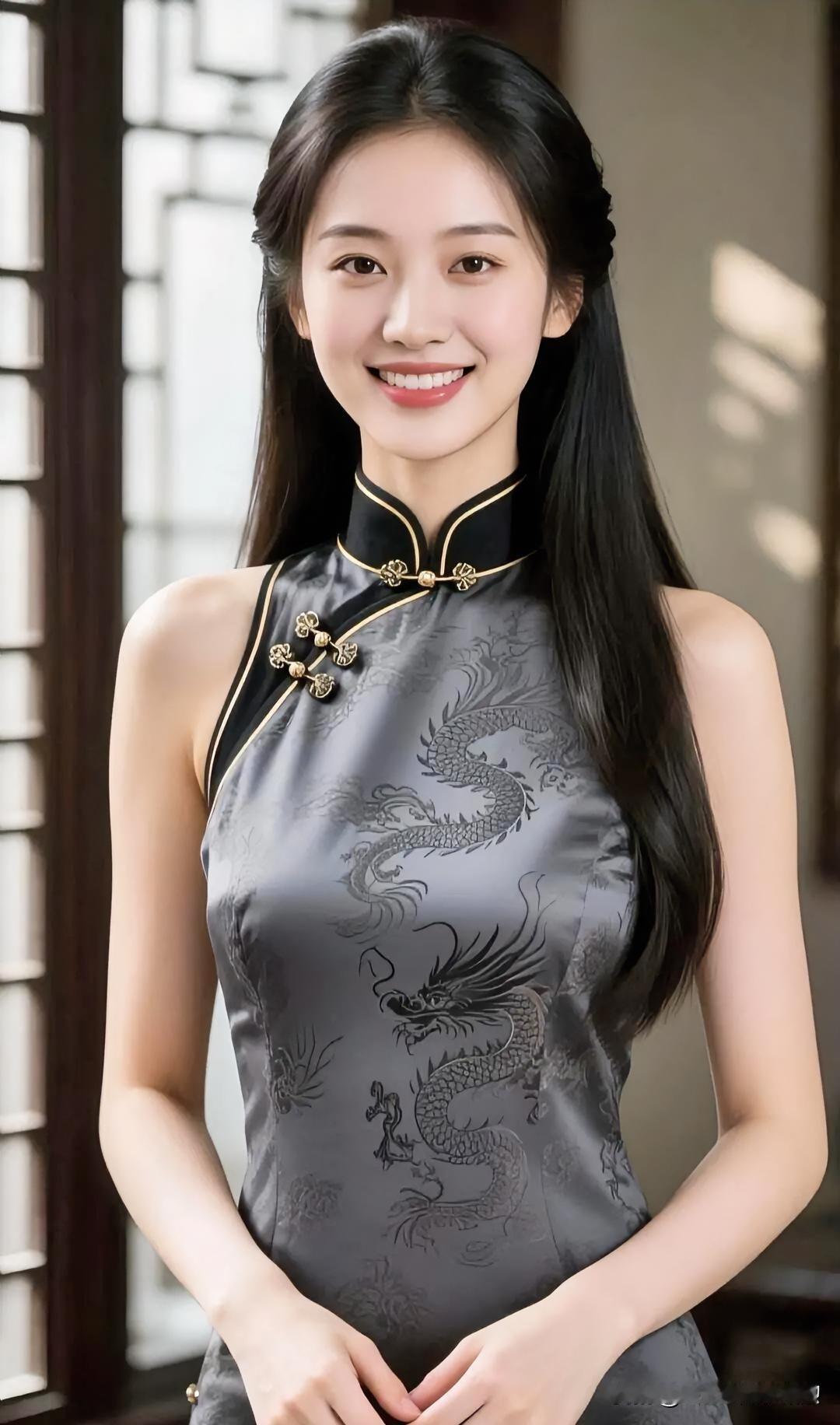 时尚穿搭墨色龙纹藏古韵，笑靥清浅，温婉如玉。