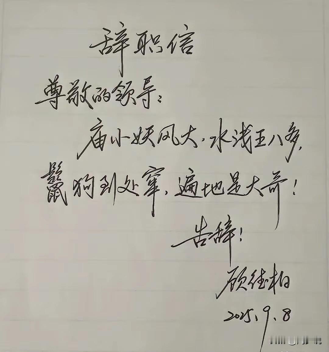 有一说一，这哥们不但写得一手好字，连辞职信都很精辟干练，三言两语就说明了辞职原因