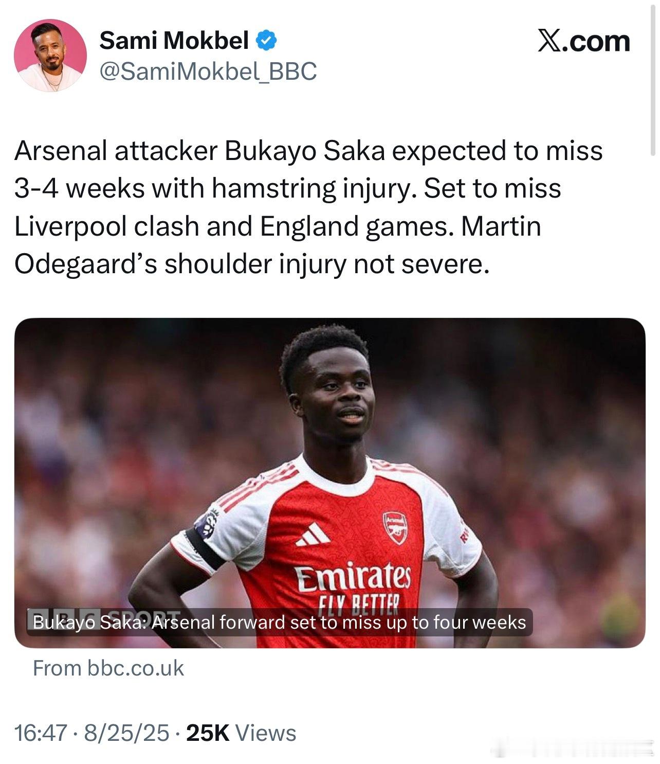 BBC记者Sami Mokbel说萨卡因为腘绳肌伤势预计会缺席3-4周，厄德高的