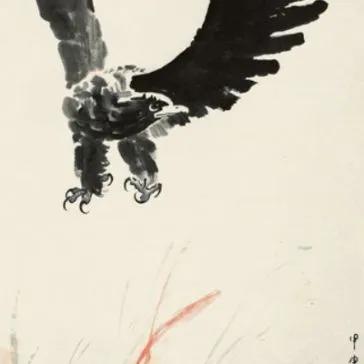 老舍门前雷雨骤，
悲鸿看马饮非河。（徐悲鸿画马活）
（江鸟欲随马饮水，马旁却是墨