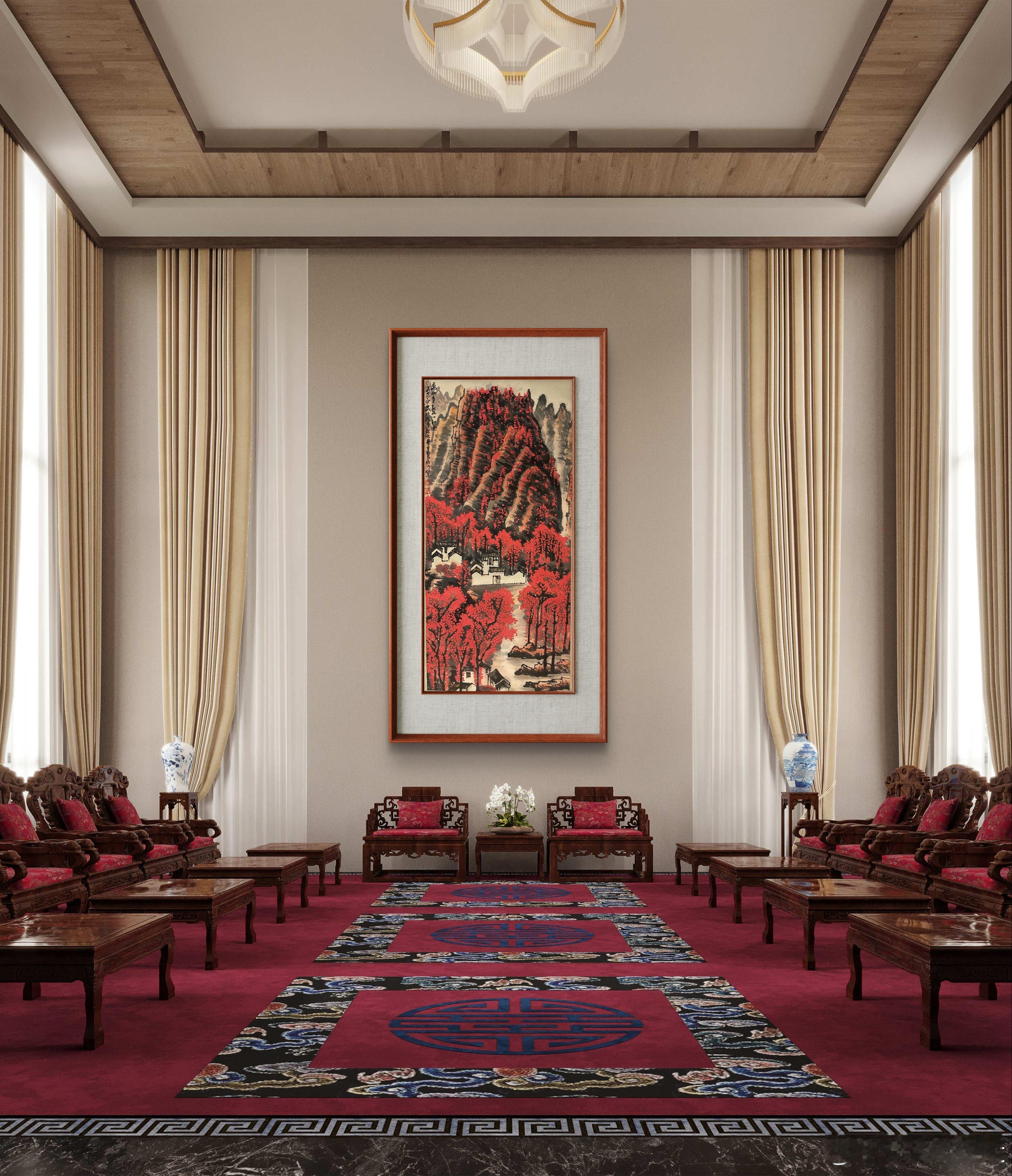 李可染的《万山红遍林尽染》，他前后画了七幅，虽然这七幅作品无论是构图还是技法都大