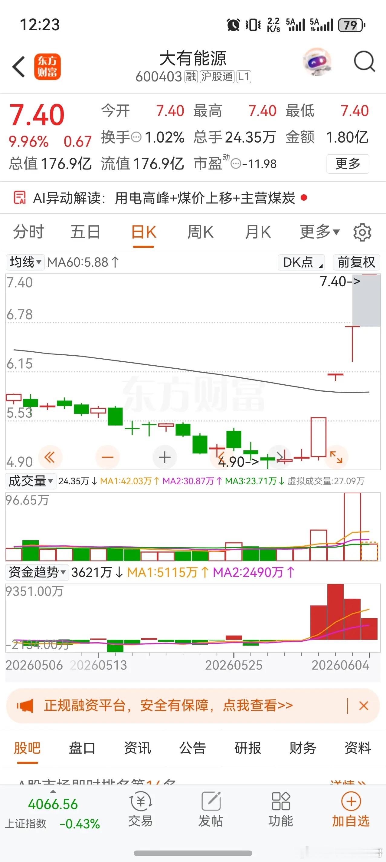 大有能源今天又涨停了，连续第4个板。我盯着封单看了半天，一字板，想都不用想。用电