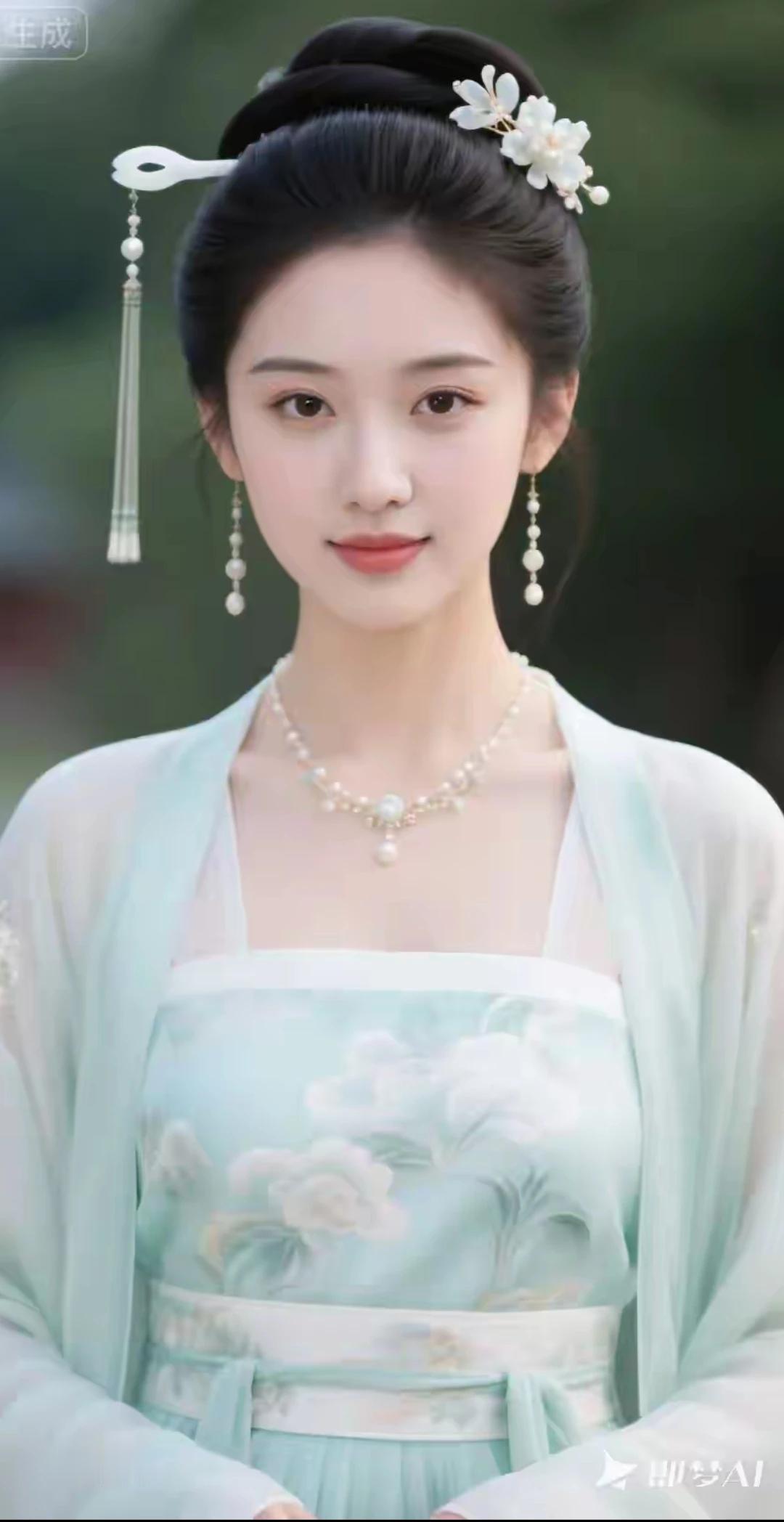 汉服轻浅衬娇容，
眉清目秀显风情。
青丝如瀑随风舞 
眸若秋水映繁星。