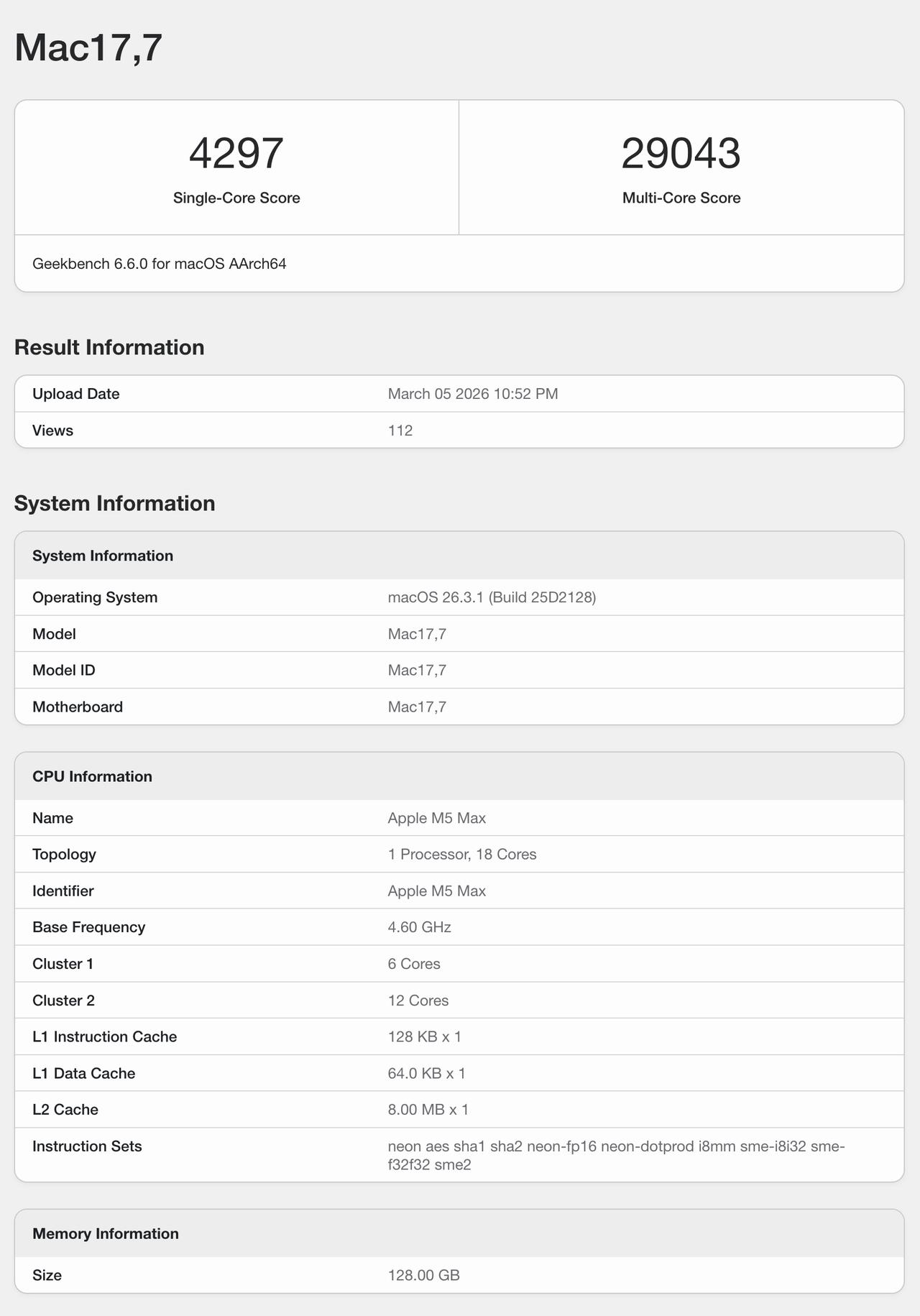 苹果目前最强的芯片，M5 Max（18 核 CPU & 40 核 GPU），CP