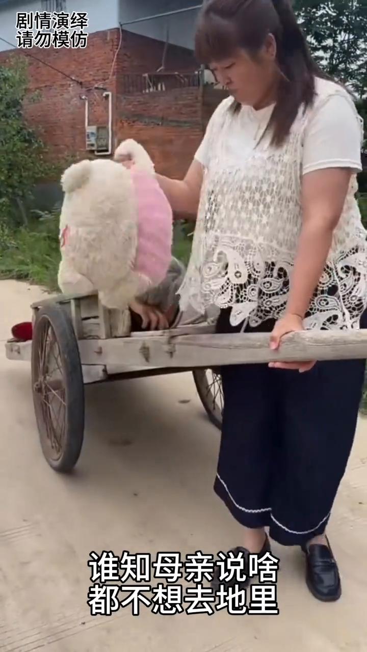 女儿拉着平车带着母亲去地里干活，谁知母亲的做法太无奈了。
女儿拉着平车带着母亲去