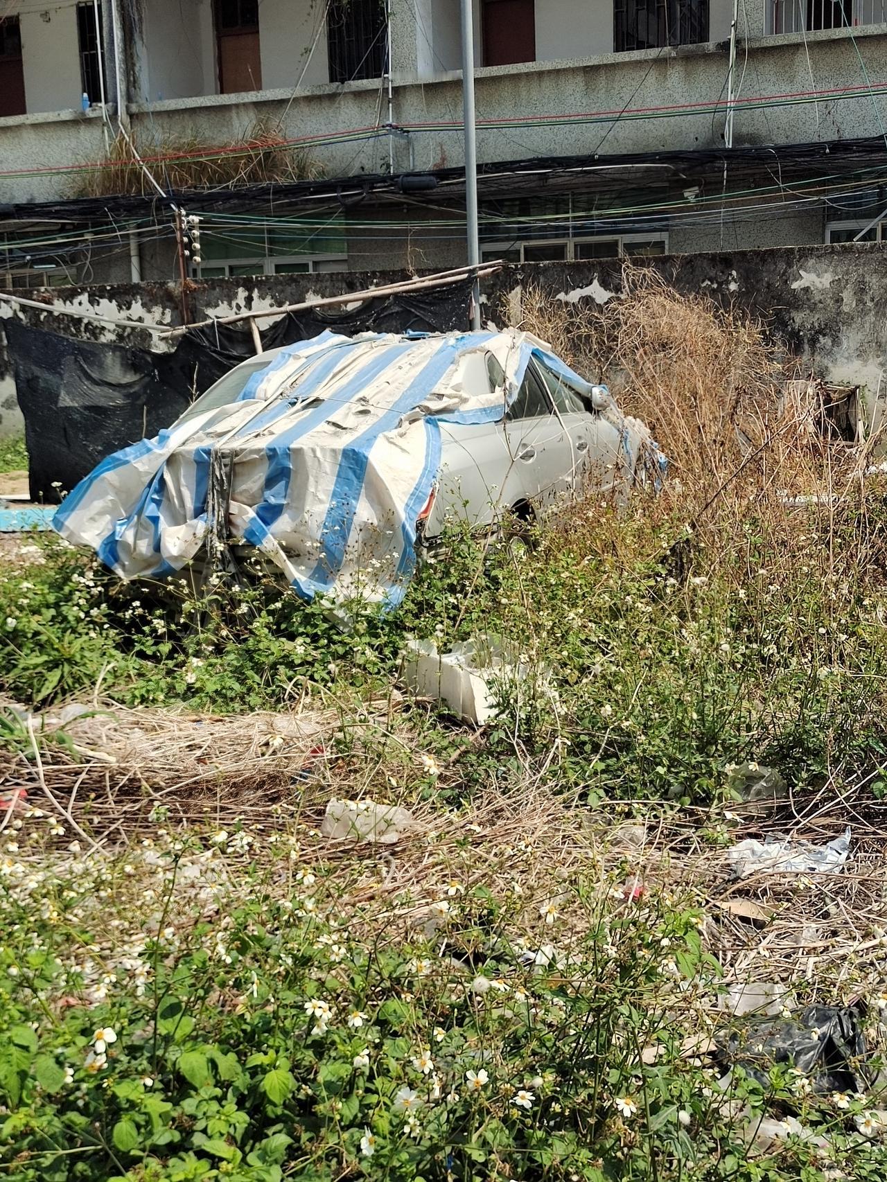 这辆车到底生了什么？

这辆车停放在这里已经很多年了，遮盖的塑料布都已破烂不堪，