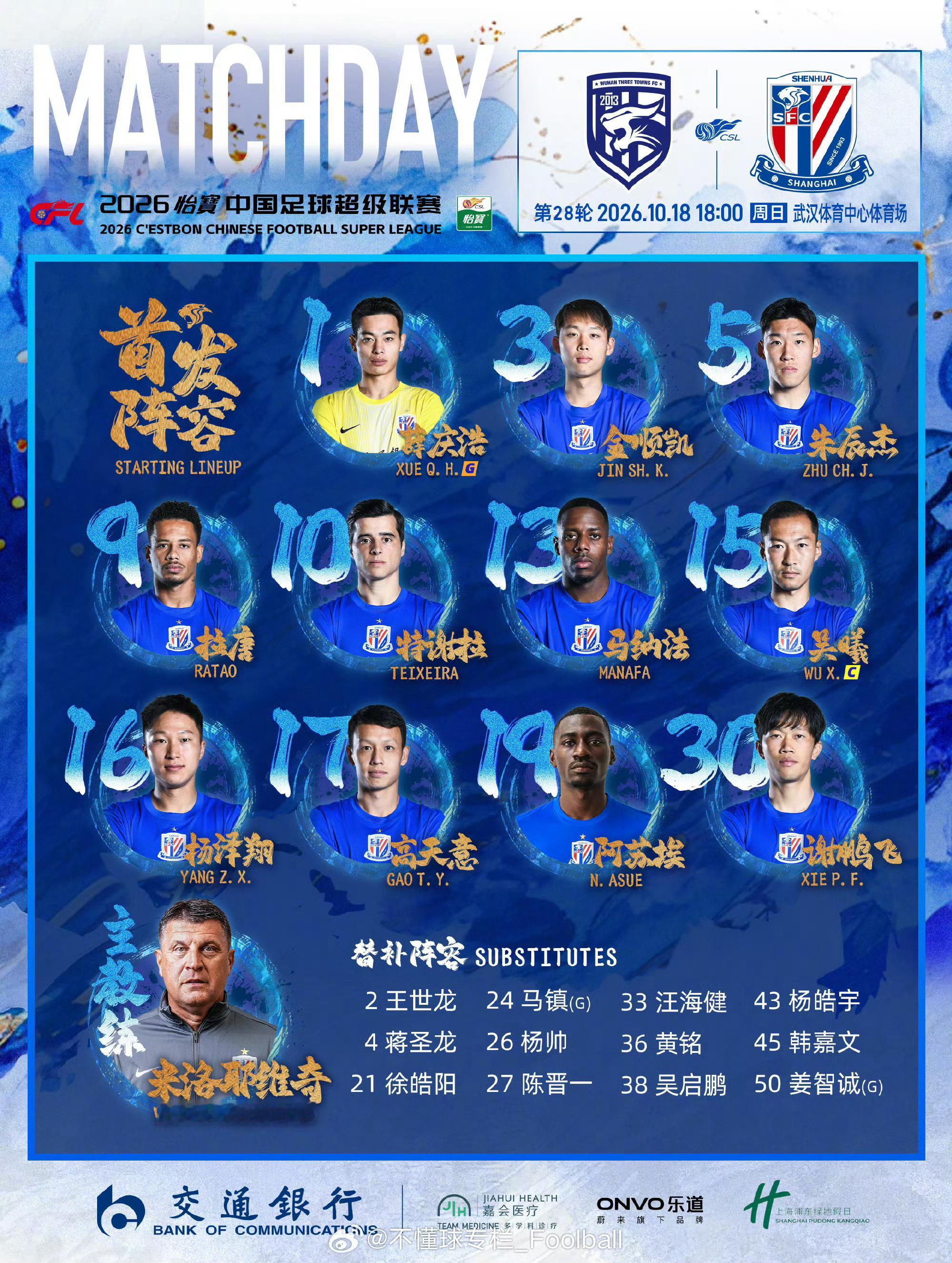 薛庆浩重回首发，杨泽翔马纳法两边后卫，阿苏埃是真的一点不歇直接继续上😂上海申花