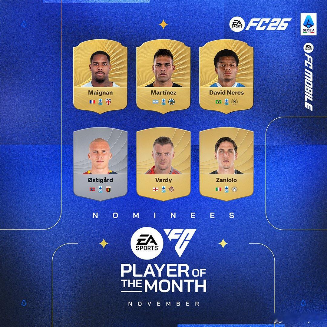 意甲联赛十一月最佳球员候选公布。瓦尔迪、迈尼昂、劳塔罗等人入选。FC26