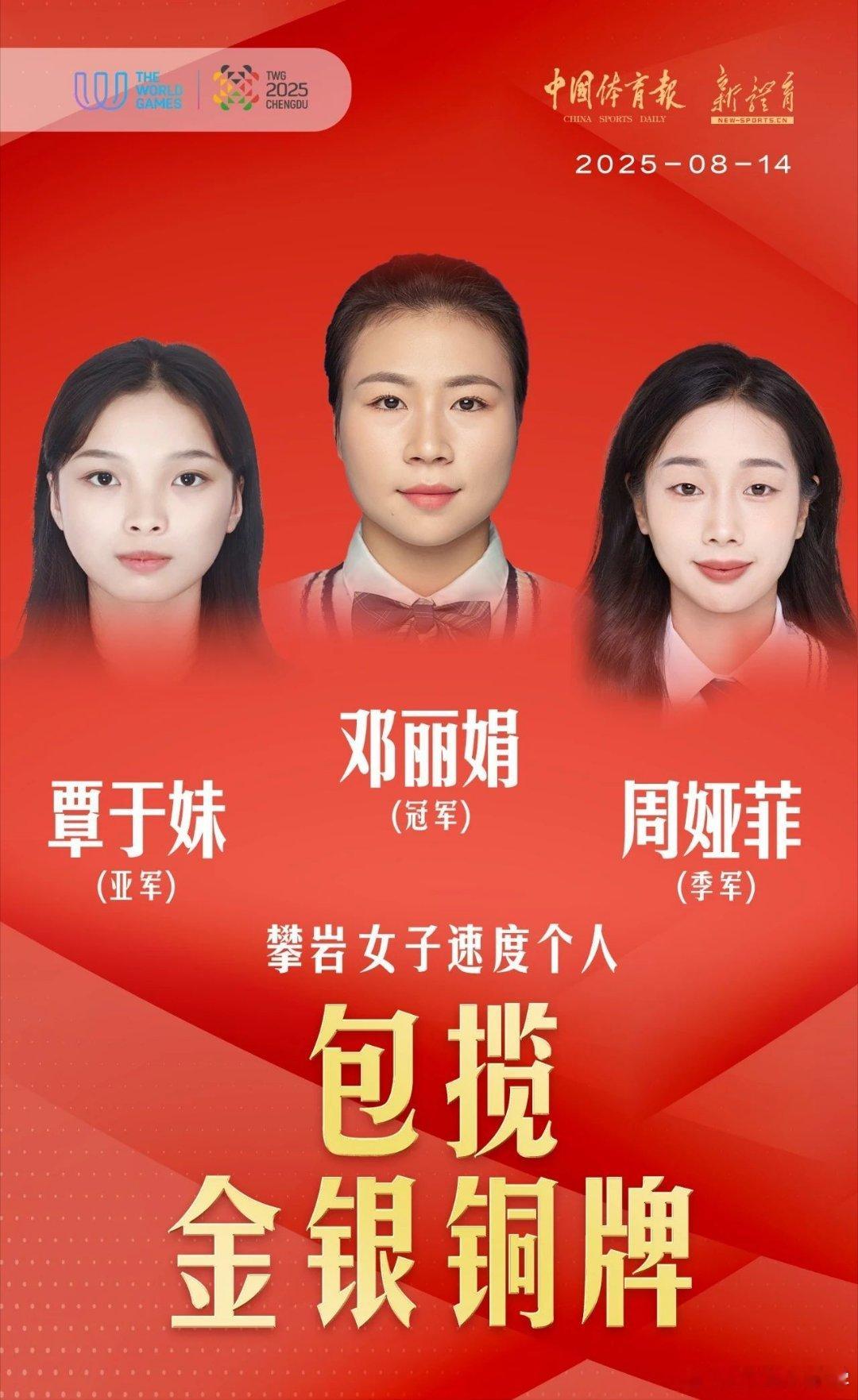 成都世运会 8月14日，在成都世运会攀岩女子速度个人决赛中，邓丽娟夺得金牌，这也
