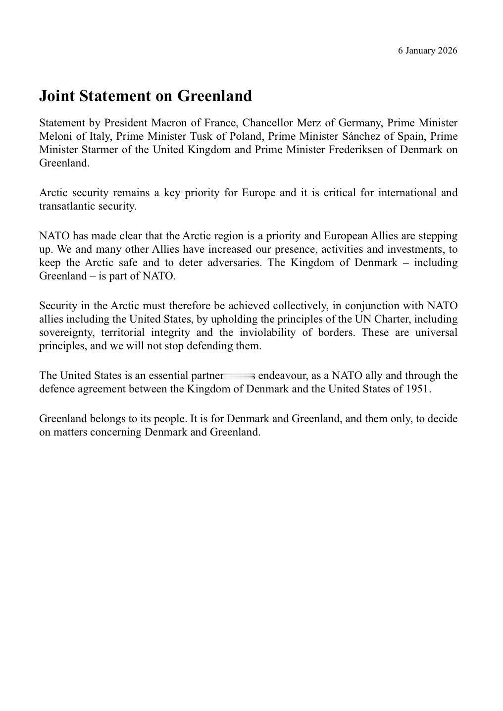 法国、德国、意大利、波兰、西班牙、英国和丹麦七国在1月6日发表了联合声明，主要讲