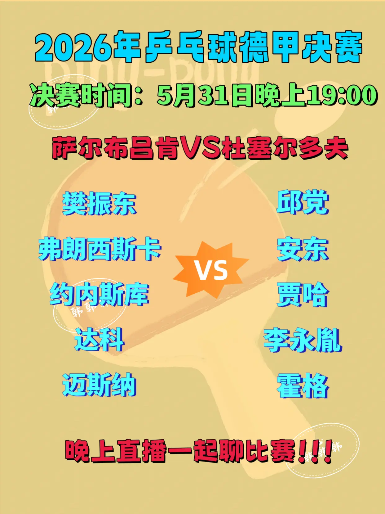 德甲决赛 樊振东代表的萨尔布吕肯俱乐部今晚 19:00进行德甲 决赛 东哥加油！