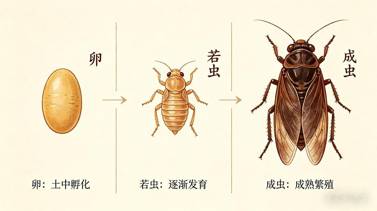 蝼蛄属于不完全变态昆虫，一生只经过 卵 → 若虫 → 成虫 三个阶段，没有蛹期。