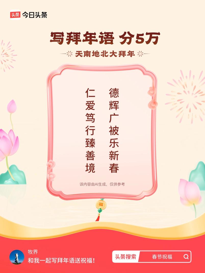 写拜年语送祝福新春拜年送祝福！我的祝福是：“仁爱笃行臻善境，德辉广被乐新春”！快