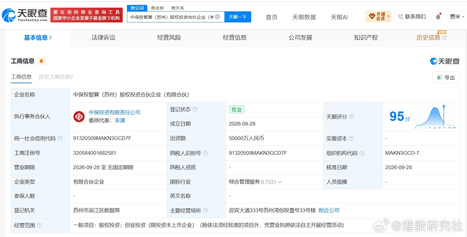 【中保投资在苏州成立新合伙企业 出资额5亿】港股研究社讯，天眼查App显示，近日