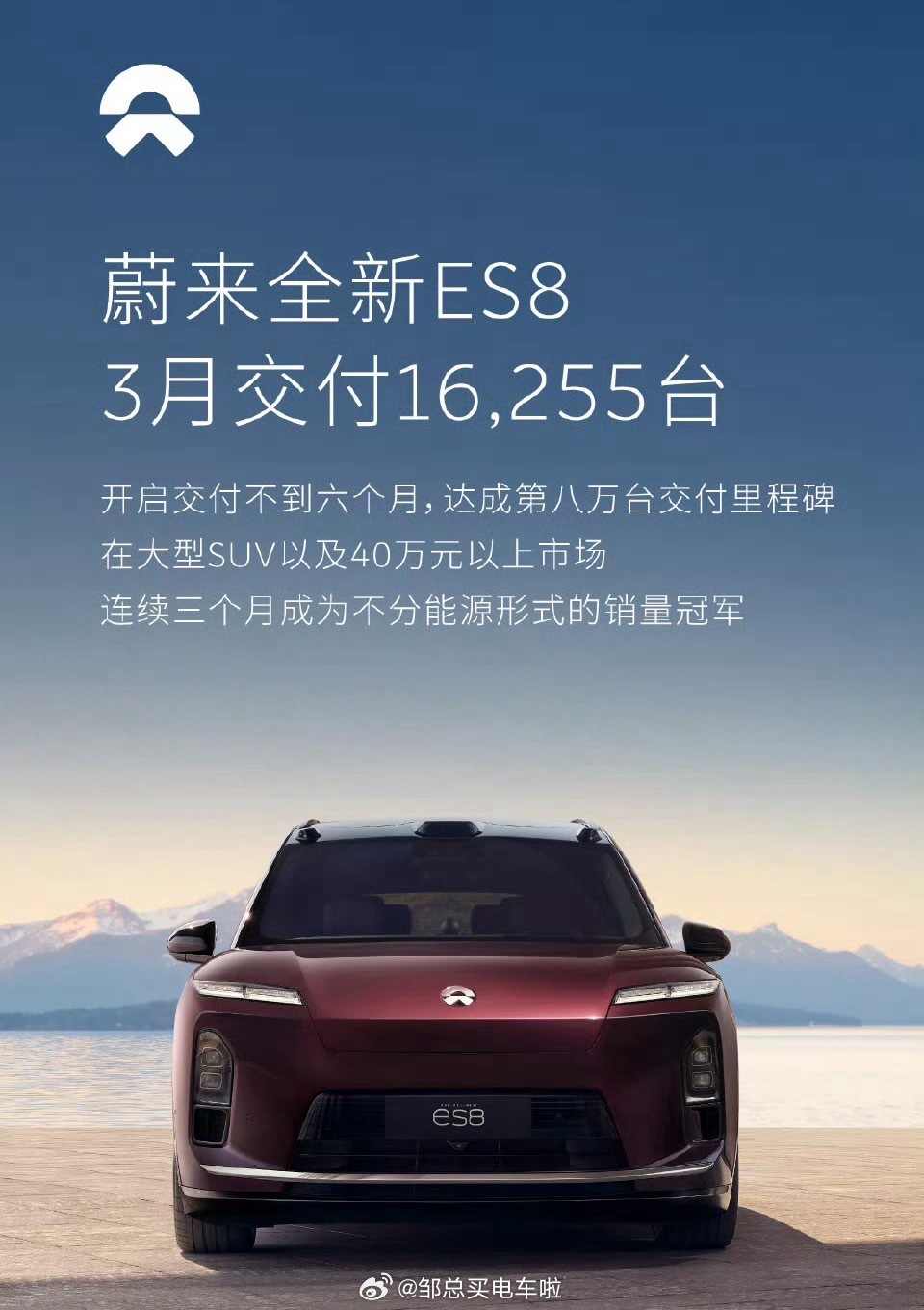 蔚来公司3月交付35486台，同比+136%，环比+70.6%；一季度累计834