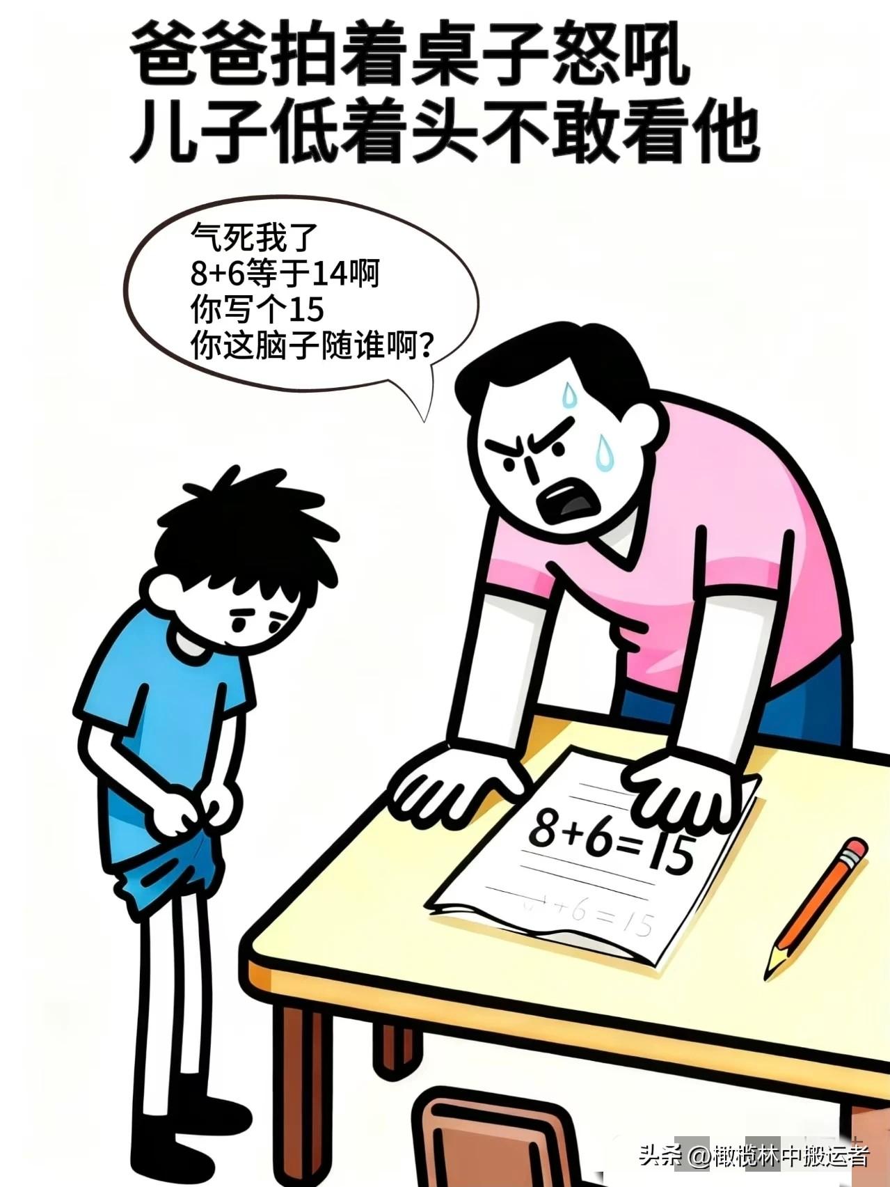 趣味漫画：爸爸：8＋6等于14啊，你写个15，你这脑子随谁啊，儿子：爸爸你别吼了