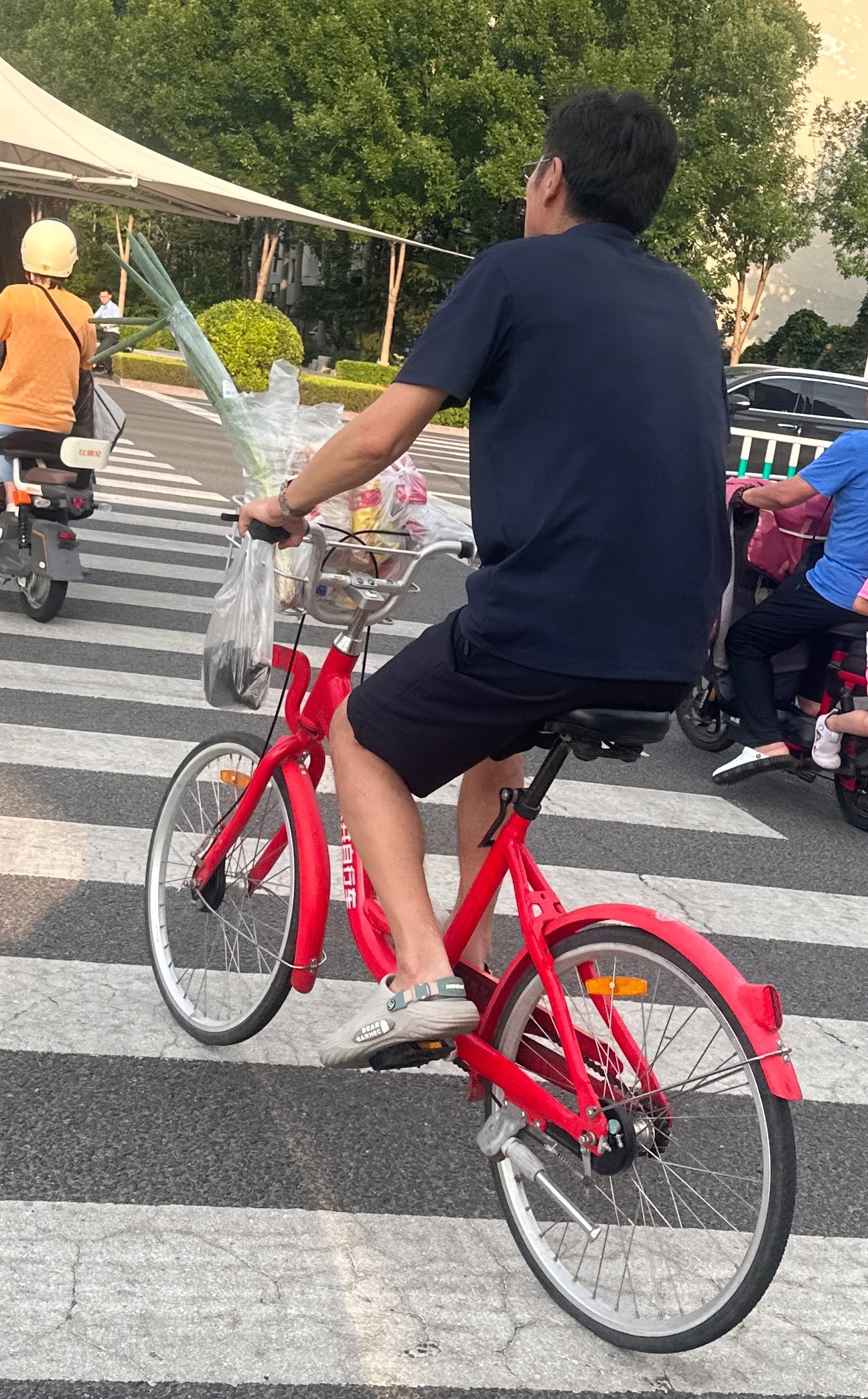下午去接润润的路上看到骑公共自行车，车筐里放着菜的男人忍不住拍了一张我觉得这是个