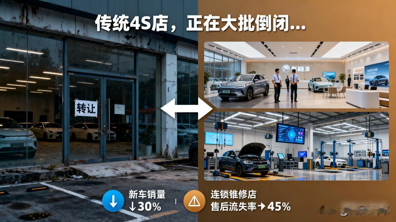传统4S店，正在大批倒闭…

新车卖不动，售后被连锁快修店分流，新能源直营模式冲