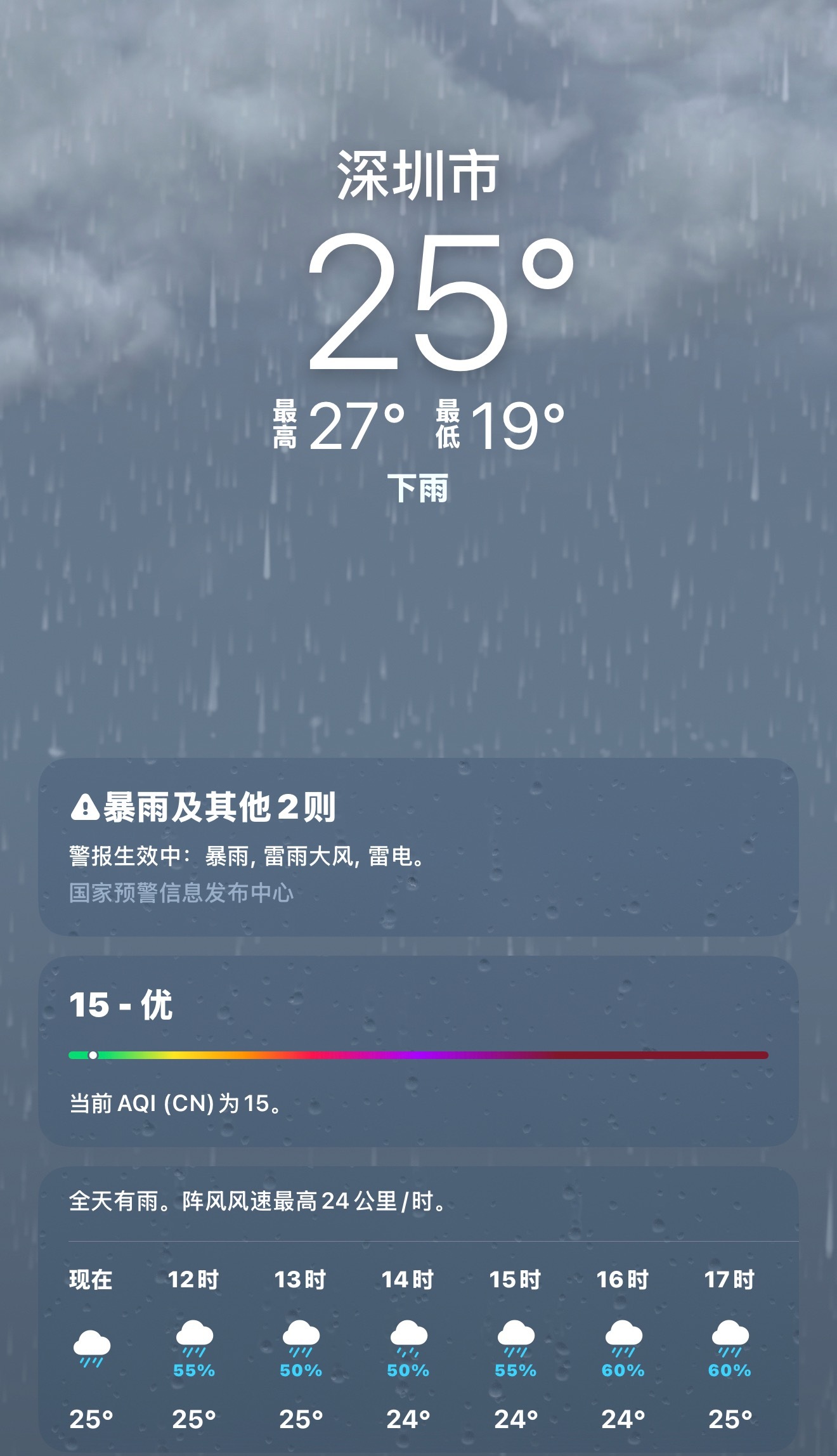 看了一下说深圳下大雨，我这边并没有下雨，苹果总是用很垃圾的服务供应商苹果天气崩了
