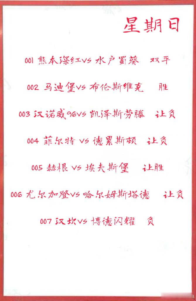 8月3日早场作业001 熊本深红VS 水户蜀葵 002 马迪堡VS 布伦斯维克0