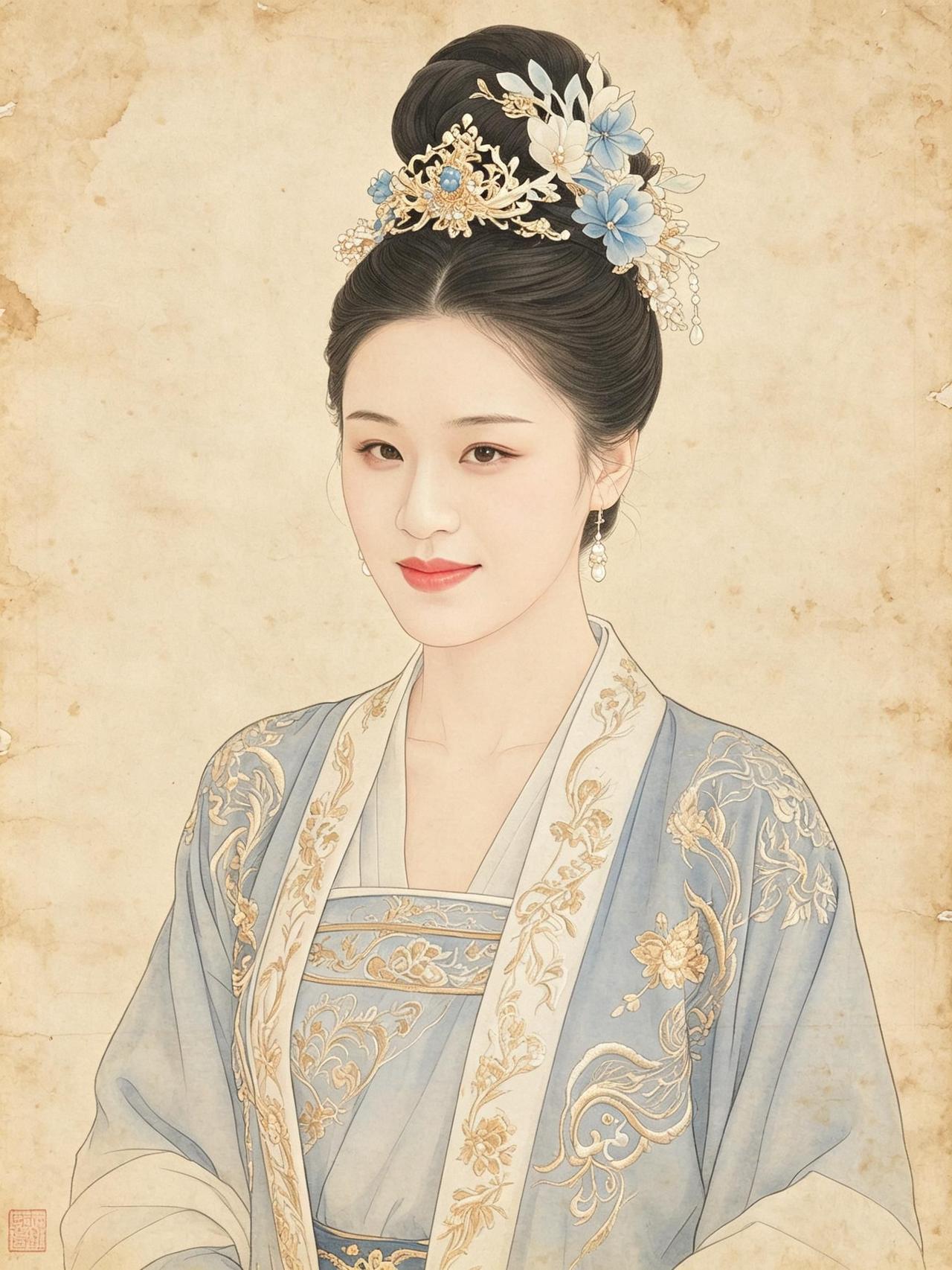 古风画卷中，一袭华服如云霞般绚烂，发髻高挽，珠翠点缀，仿佛穿越千年而来的佳人。衣