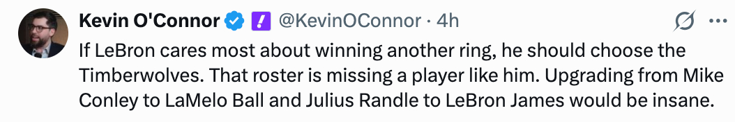 雅虎体育记者Kevin O'Connor：“如果勒布朗最看重的是再拿一个总冠军，