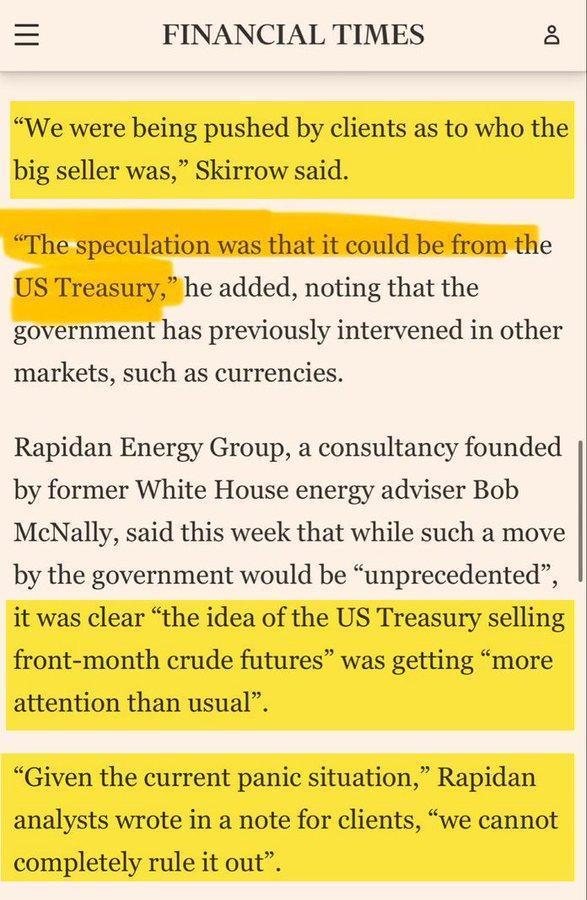 市场猜测认为，美国财政部可能正在抛售原油期货以稳定油价。分析师斯基罗表示，交易员