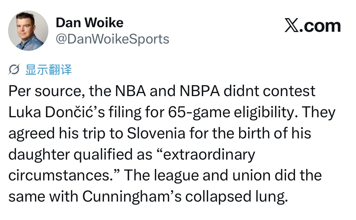 据消息人士透露，NBA与球员工会并未反对东契奇为获得65场出勤资格而提交的申请。