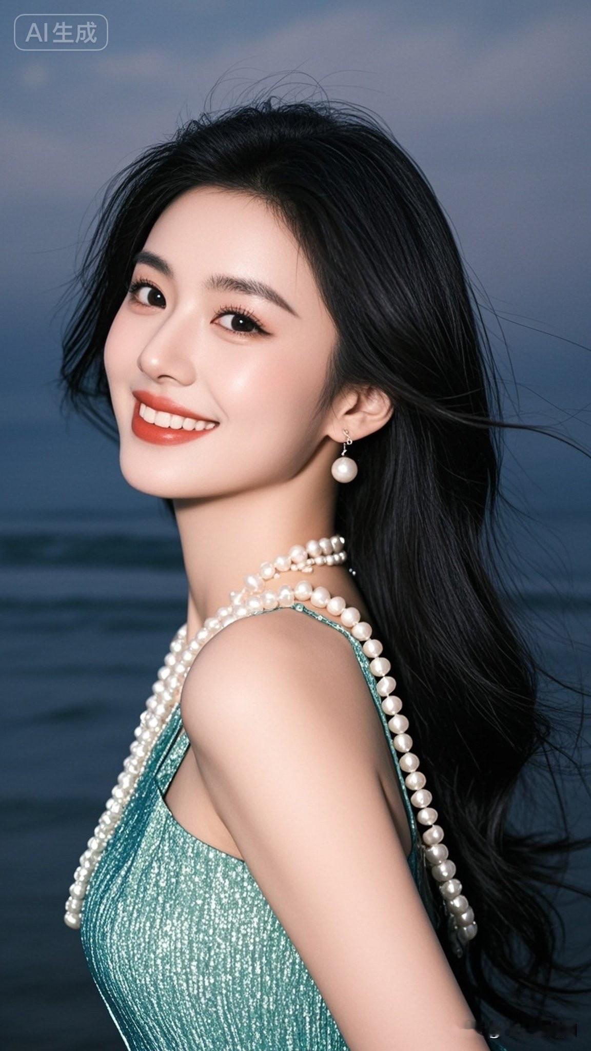优雅红唇，珍珠耳坠，绿丝绒礼服，气质女神！