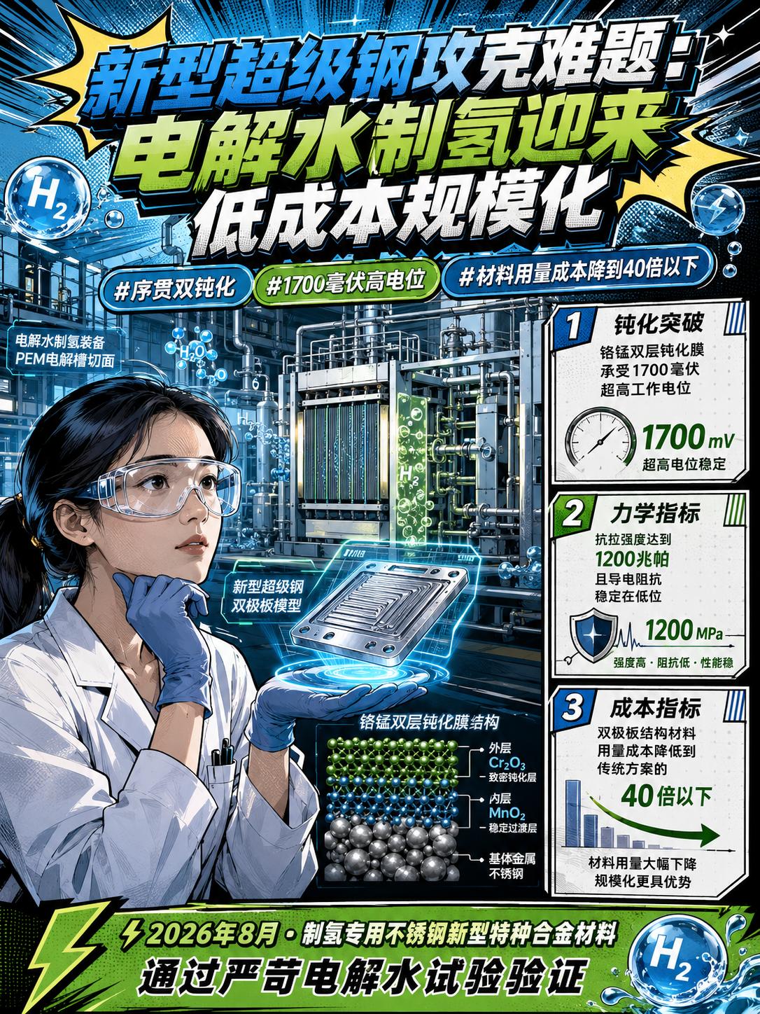 新型耐腐蚀超级钢打破瓶颈，高效电解水制氢迎来规模产业化契机！

在氢能制造领域，