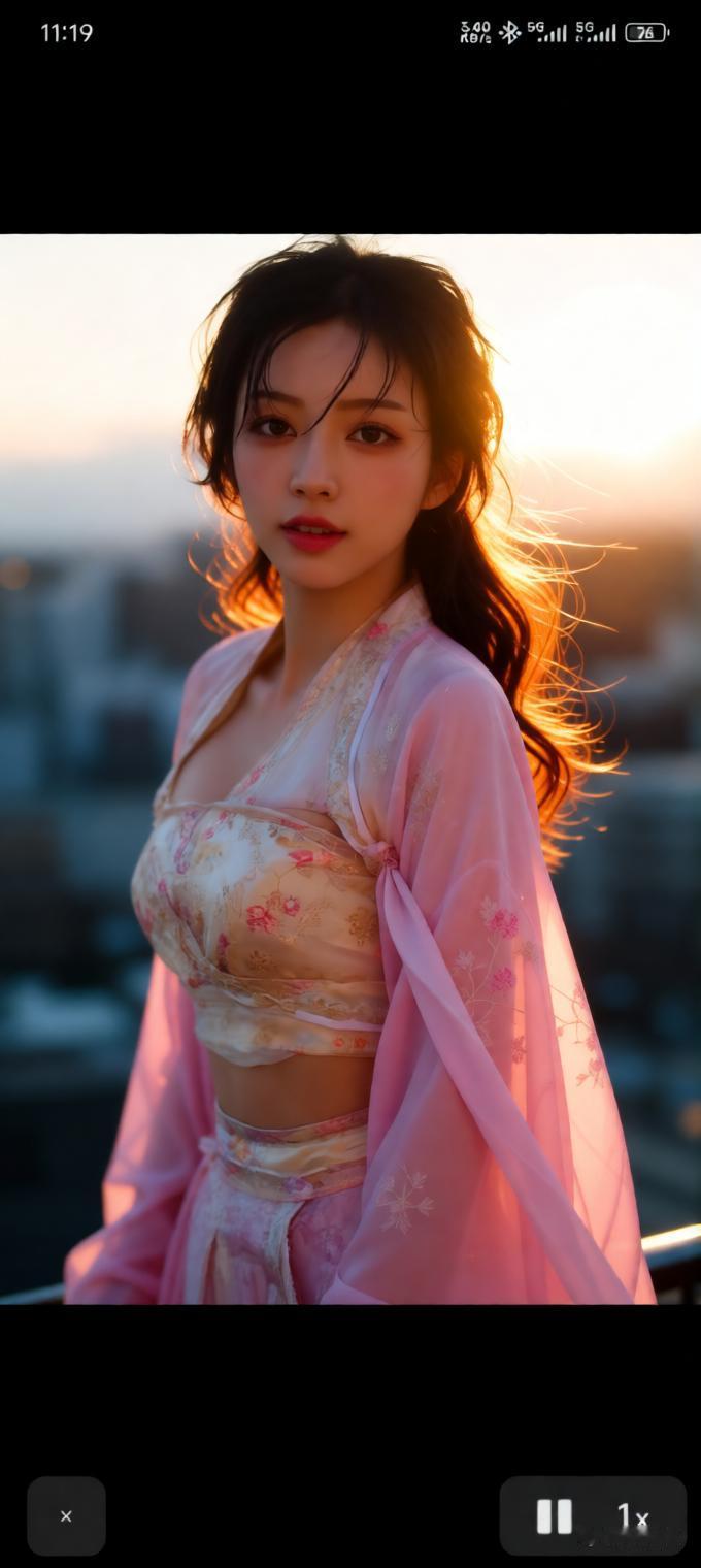 夕阳下的古风少女，粉裙飘逸，美如画卷。