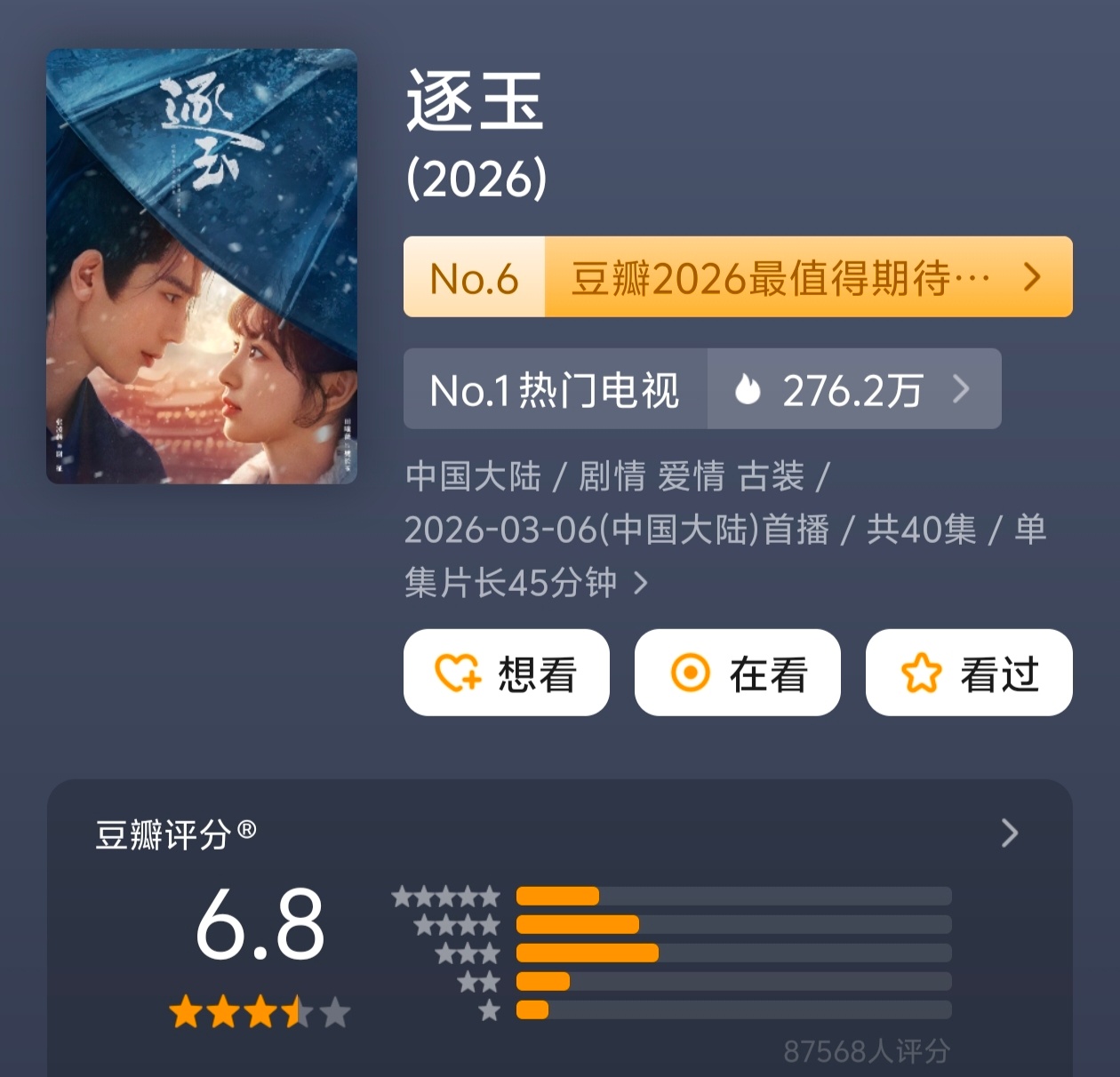 逐玉开分了，6.8 