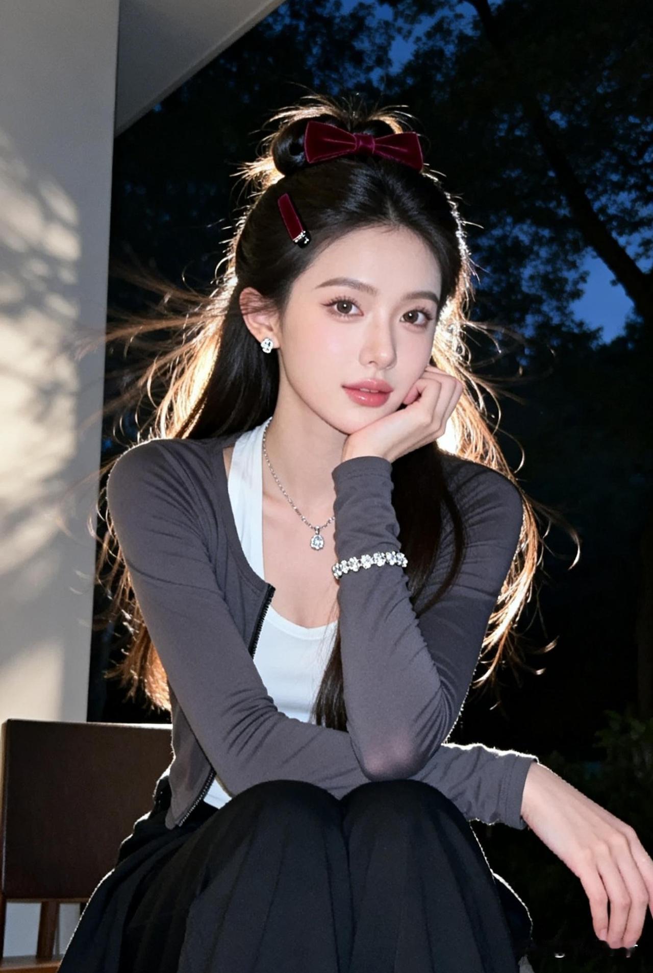 红妆美人倚，夜色入画来。