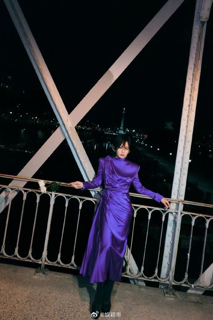 周笔畅巴黎秒变紫薯精 周笔畅这套紫色长裙绝了，白玫瑰和裙身装饰呼应得刚刚好。从西
