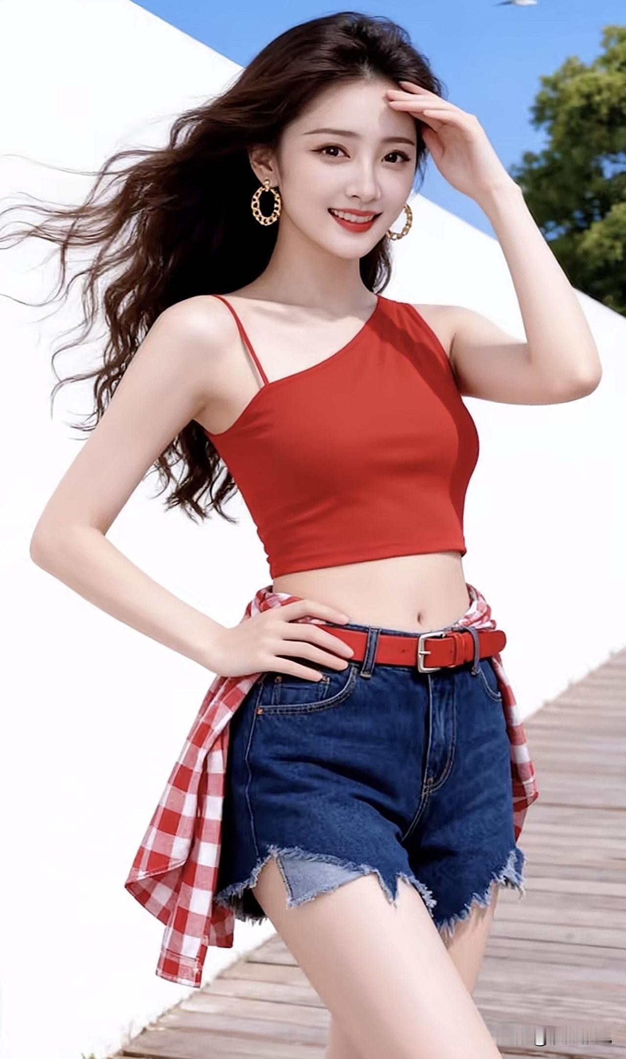 夏日甜美少女风，红衣牛仔搭配，元气满满！🌞💃甜辣风牛仔穿搭 甜酷牛仔穿搭 藏