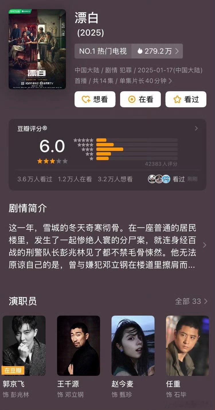 电视剧《漂白》的豆瓣评分从6.0掉到5.8了，感觉受抄袭跟宣传的影响挺大的 