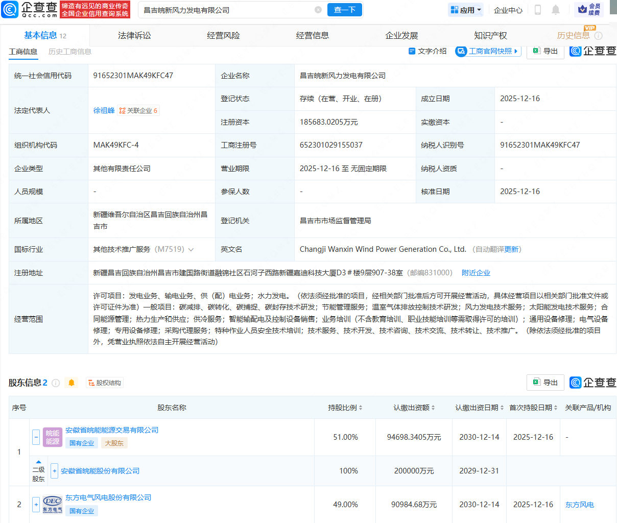 皖能电力、东方风电成立风力发电公司，注册资本18.57亿元