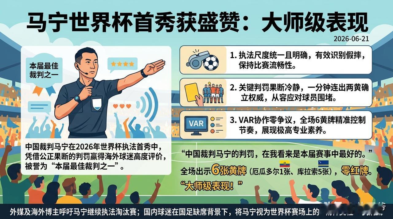 2026年6月21日，中国裁判马宁在世界杯小组赛厄瓜多尔对阵库拉索的比赛中完成主