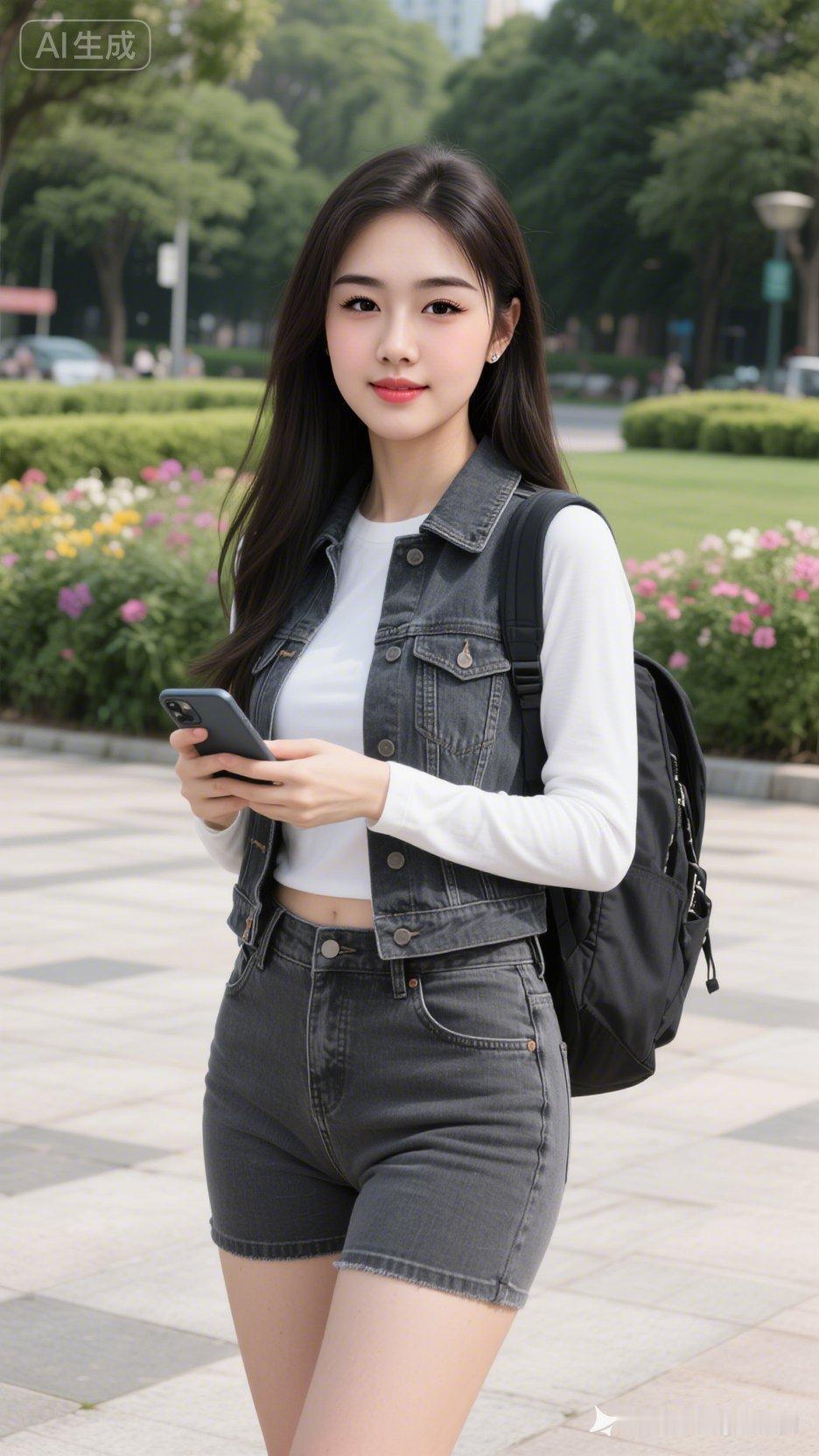 一个女孩在公园里看手机。