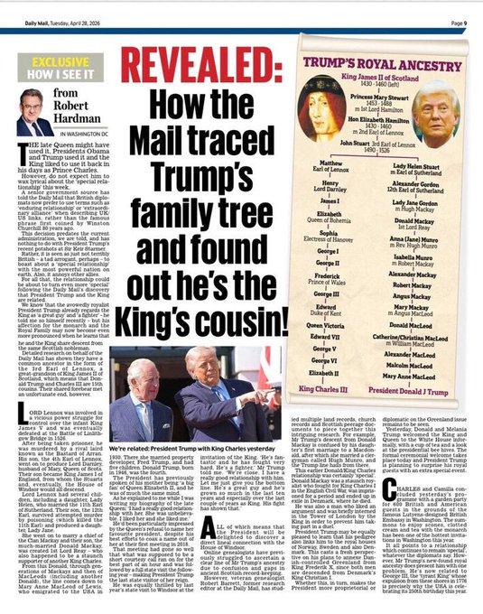 特朗普竟是英国国王查尔斯三世的“表亲”！

英媒《每日邮报》最新家谱研究爆出：特