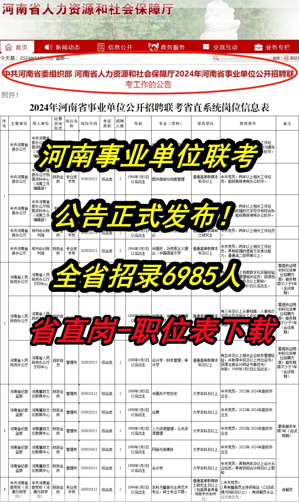 河南事业单位联考公告发布！省直岗位刚出！ 
笔试科目。本次招聘考试分为综合类、教育类、卫生类三个类别。
综合类笔试科目为《职业能力测验》、《公共基础知识》两科，每科满分均为100分。
教育类笔试科目为《职业能力测验》、《教育类专业知识》两科，每科满分均为100分。
卫生类笔试科目为《职业能力测验》、《卫生类专业知识》两科，每科满分均为100分。