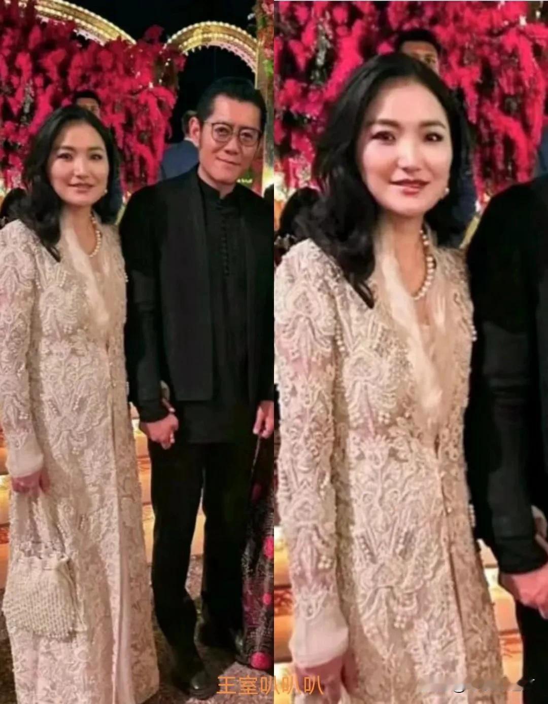 这几天印度富豪儿子结婚，不丹国王和王后来到了现场，夫妻两人这次都穿了现代装，佩玛